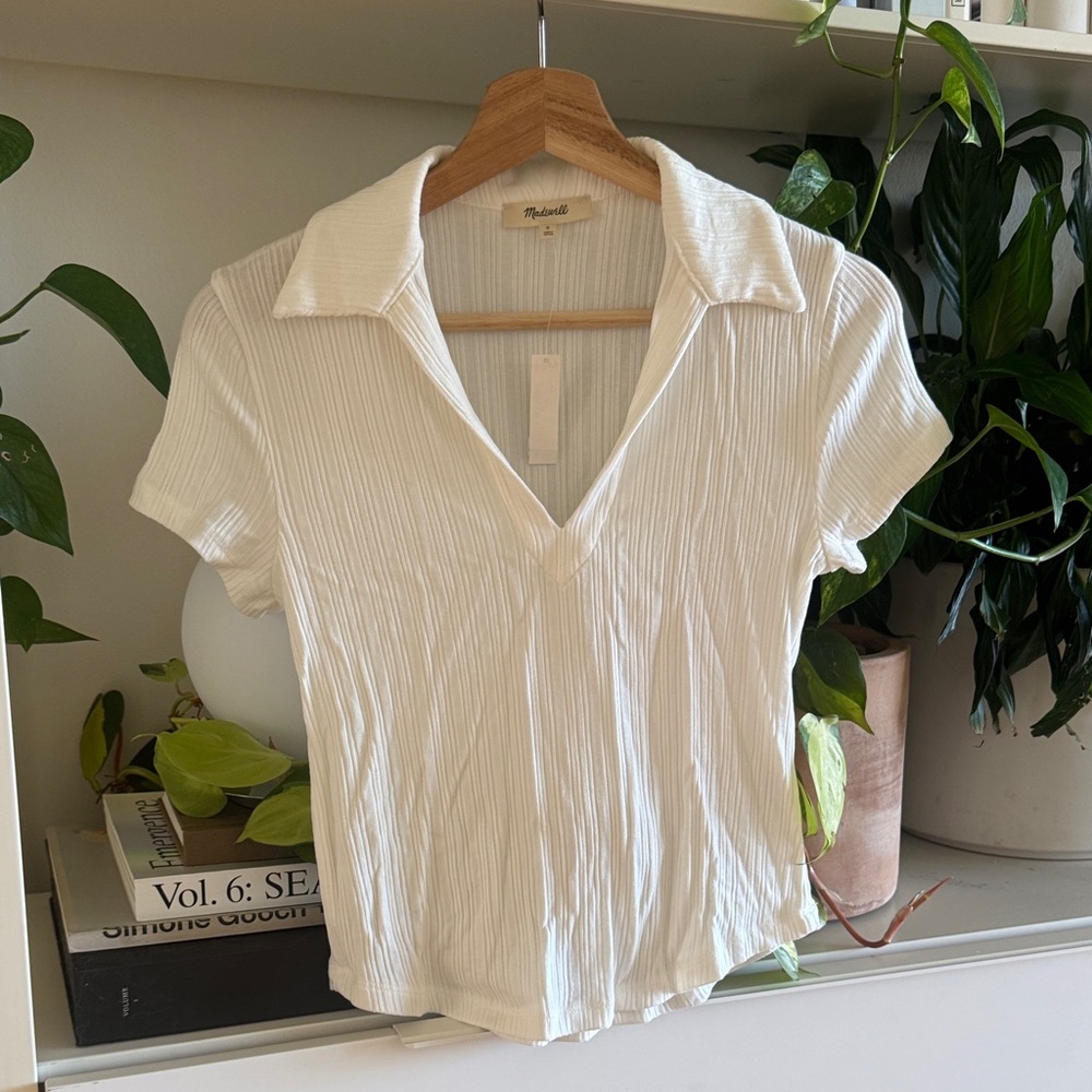 Madewell Cream Ribbed V-Neck Polo Short Sleeve Top